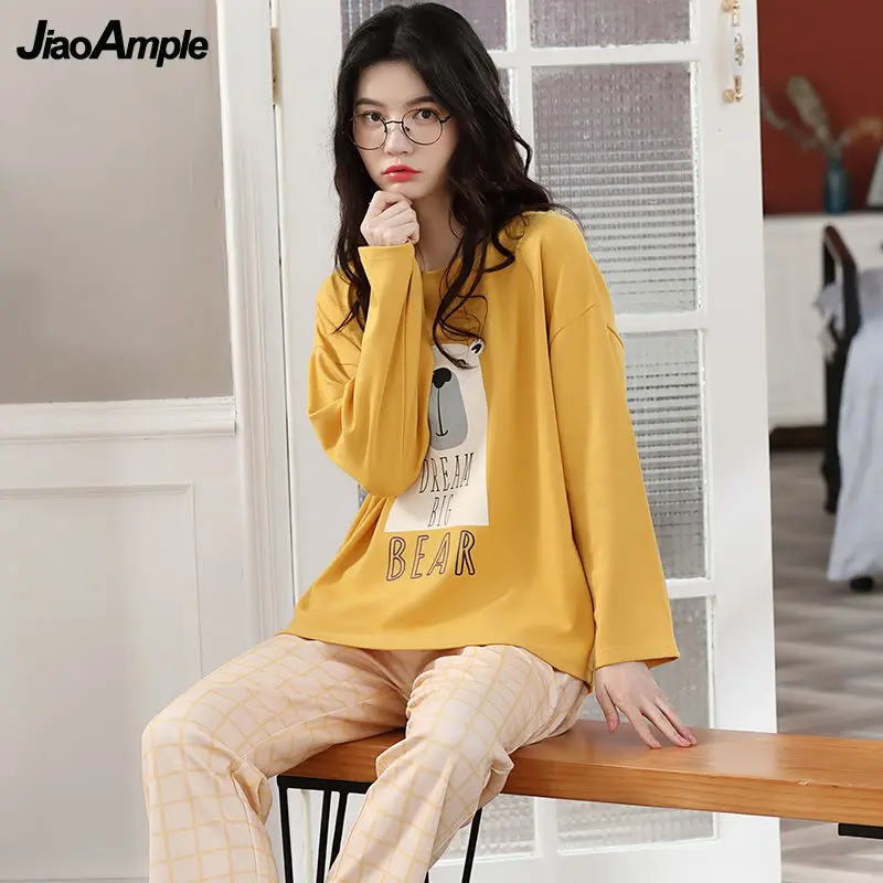 Women's Pajamas Autumn Winter Cotton Long-sleeved Trousers Pijamas Two-piece Korean Cute Sleepwear Set Female Nightie