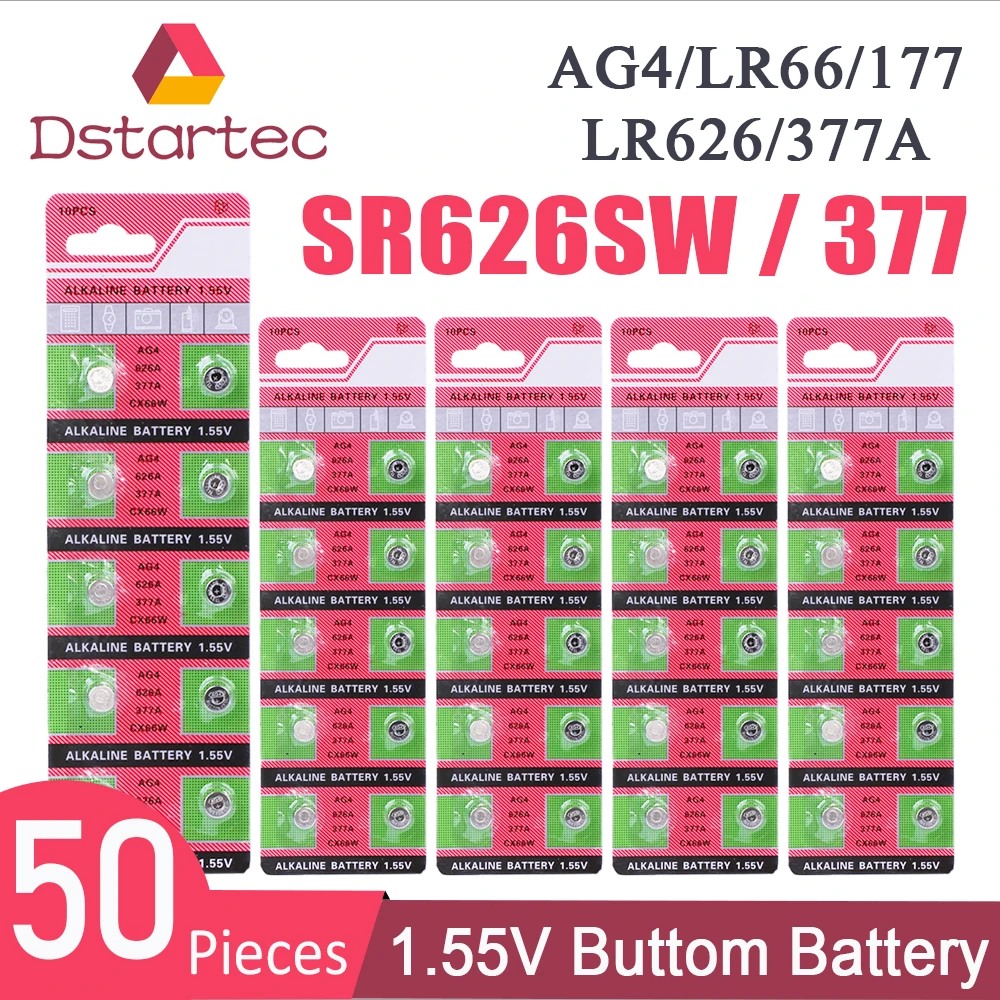 En venta 50 Uds nuevo 377 SR626SW AG4 LR626 baterías SR626 177 376 LR66 SR66 de botón de la célula de batería de 1,55 V; Larga vida útil de 0% de mercurio B6qpejL8AEa