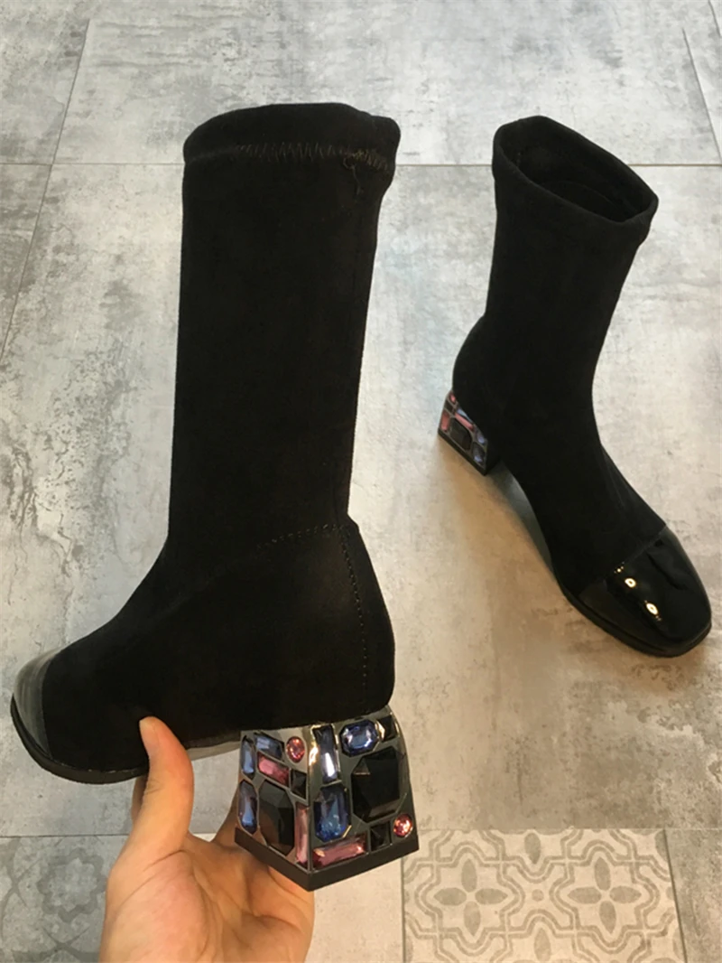 

Boots woman 2019 autumn fashion Women boots elastic knit socks shoes fashion thick heels Multicolored rhinestones botas mujer