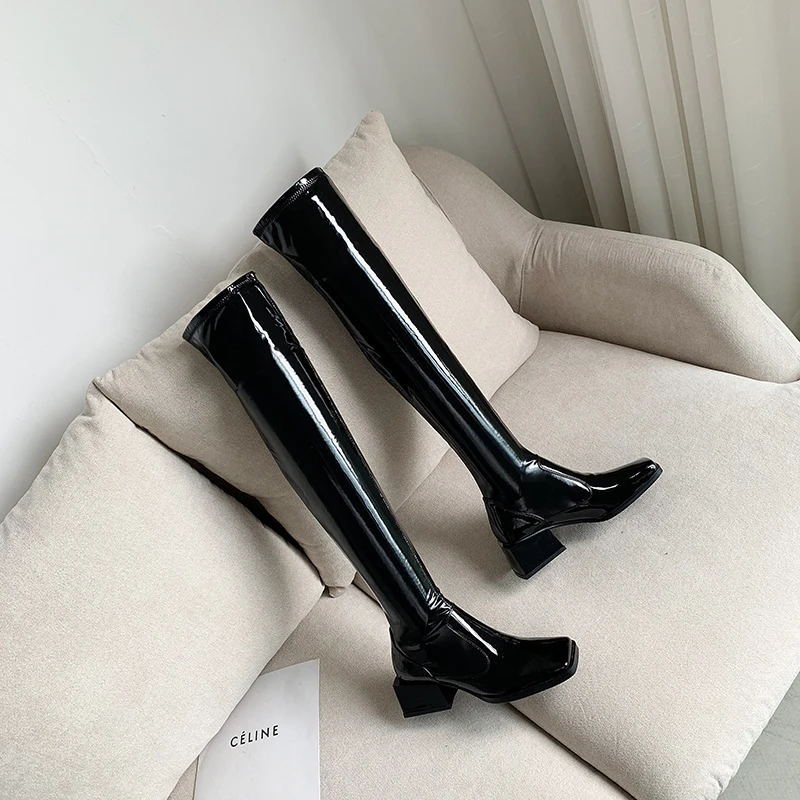 Genuine leather Women thick high heels over the knee high Boots square toe casual motorcycle Shoes lace up Woman boots