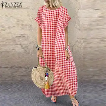 

Kaftan Check Dress Women's Summer Sundress ZANZEA 2020 Vintage Casual Short Sleeve Maxi Vestidos Female Plaid Robe Oversized 5XL