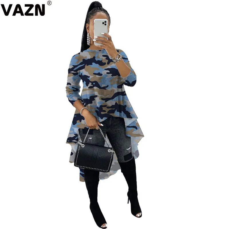 VAZN, хит, высокая уличная, асимметричная, сексуальная, упругая, верблюжья, леопардовая, умная, свободная энергия, модная, круглый вырез, полный рукав, женские, х-длинные футболки - Цвет: camel blue