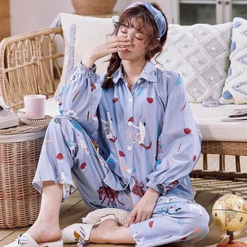 

Summer Sweet Women Pajamas Set Long Sleeve 2 PCS Shirt&Pant Print Casual 2PCS Sleepwear Female Blue Sleep Set Home Clothes