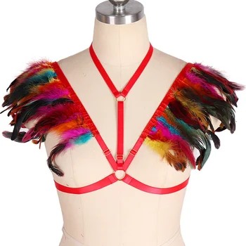 

Women Handmade Feather Harness Bra Epaulets Wings Adjust Plus Size Crop Tops Shoulder Steampunk Fetish Exotic Festival Rave Wear