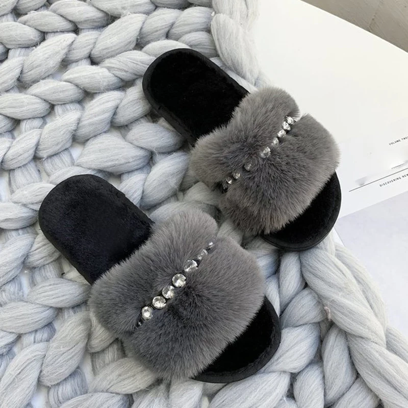 Женские тапочки Меховые Шлепанцы без застежки Домашняя обувь с открытым носком