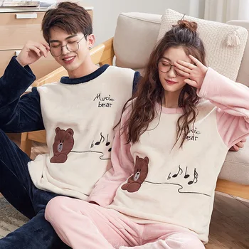 

Fashion Couple Pajamas Winter 2020 New Flannel Cartoon Printing Casual Clothes Long-Sleeved Thick Male Pajamas Set Home Service