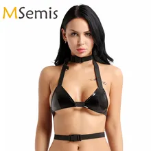 Женское нижнее белье, бюстгальтер, топ, модный, Wetlook, из искусственной кожи, треугольник, бюстье Холтер, на шее, ремень, скрученный с сумкой, пряжка, веревка, Популярный бюстгальтер