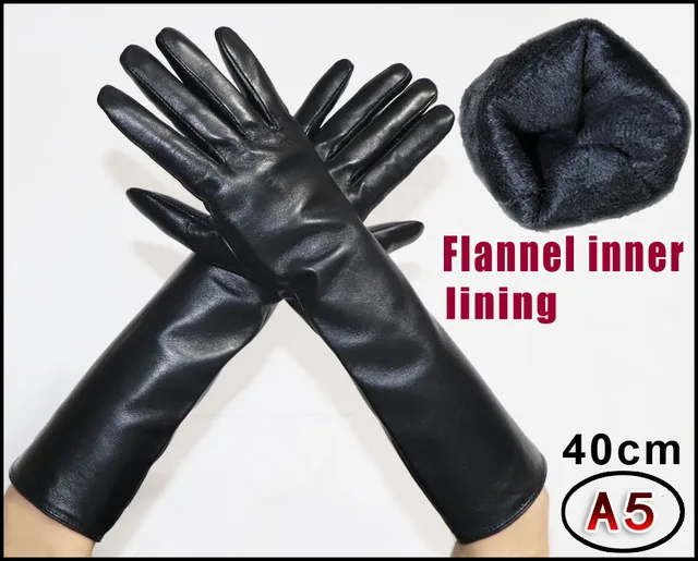 Extended Leather Gloves Ladies Sheepskin Mid-long Winter Warm Leather Sleeves Plus Velvet Thickened Driving Touch Screen Women's A5 40cm