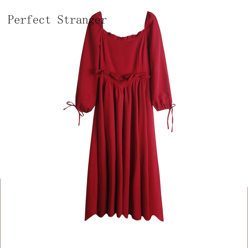 2020 Autumn Winter New Arrival Hot Sale Square Collar Long Sleeve Women Long Dress