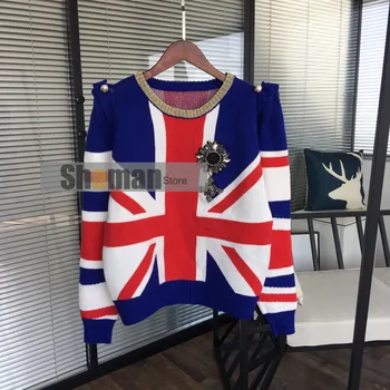 

Autumn Winter luxury designer Shoulder Heavy Industry Beaded Badge Gold Thread round Neck Union Flag Sweater jumpers Pullovers