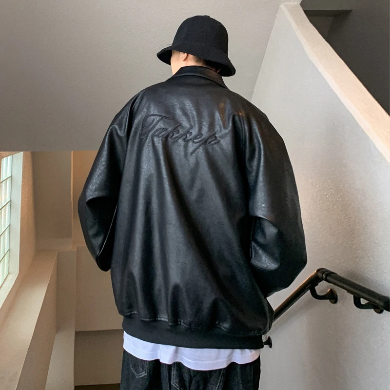

2020 Spring And Autumn New Men's Youth Trend Couple Solid Color Leather Fashion Casual Baseball Collar Shirt Black M-XL