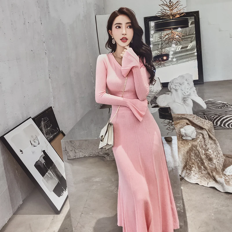 

2019 New Fashion Women Elegant Autumn Winter V-neck Long Sleeve Pleat Sweater Dress lady Knitted Slim warm Dress high quality