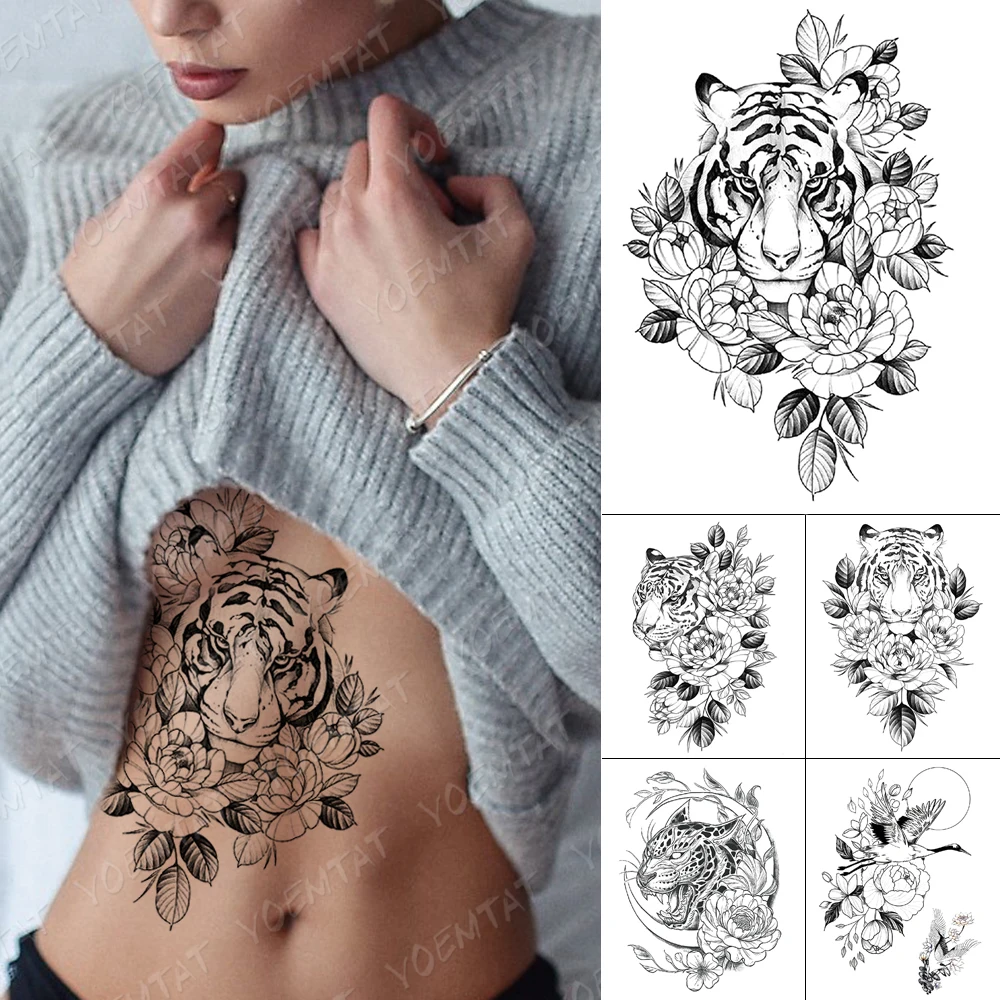 Waterproof Temporary Tattoo Sticker Line Tiger Flowers Flash Tattoos Leopard Bird Moon Body Art Arm Fake Tatoo Women Men | Красота и
