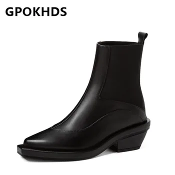 

GPOKHDS 2021 women Ankle boots Cow leather Winter short plush Square Toe High heels female Western boots size 39