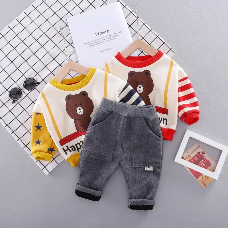 HYLKIDHUOSE/Коллекция года, Осенние костюмы для малышей комплекты одежды для маленьких мальчиков и девочек Детский костюм плюшевые топы с рисунками, штаны