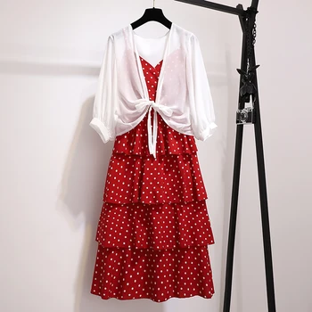 

Women's Holiday Dress Sets 2020 Summer New Polka Dot Print Chiffon Cake Dresses +white Shirt Girls Boho Dress Set Two Piece Suit