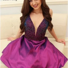 Фиолетовые платья для выпускного вечера Короткие мини атласные бисерные сверкающие v-образным вырезом элегантные вечерние платья для выпускного вечера