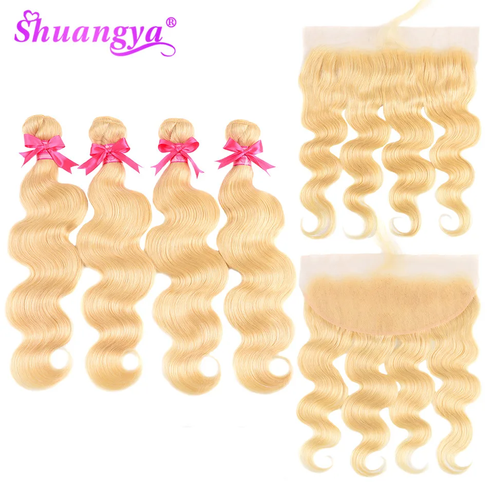 

Shuangya Peruvian Body Wave Bundles With Frontal Human Hair 613 Blonde Bundles With Frontal Closure Remy Frontal With Bundles
