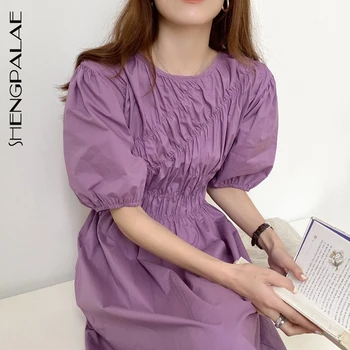 

SHENGPALAE 2020 New Summer Women Vintage Loose High Waist Slim Was Thin Elegant Folds Irregular Puff Sleeve Maxi Dress ZA4430
