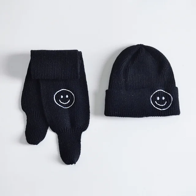 Черный Baby Girls Boy Hat Scarf Set Winter Warm Children Beanie Hat Cute Smile Face Woolen Knitted Hats Scarf Kids Two Piece Set - Цвет: Черный
