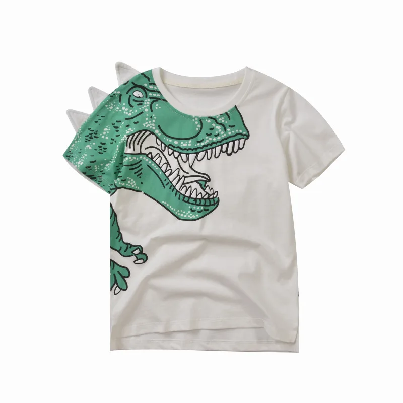 Летняя новая стильная детская Модная хлопковая футболка с короткими рукавами и вырезом лодочкой с принтом динозавра