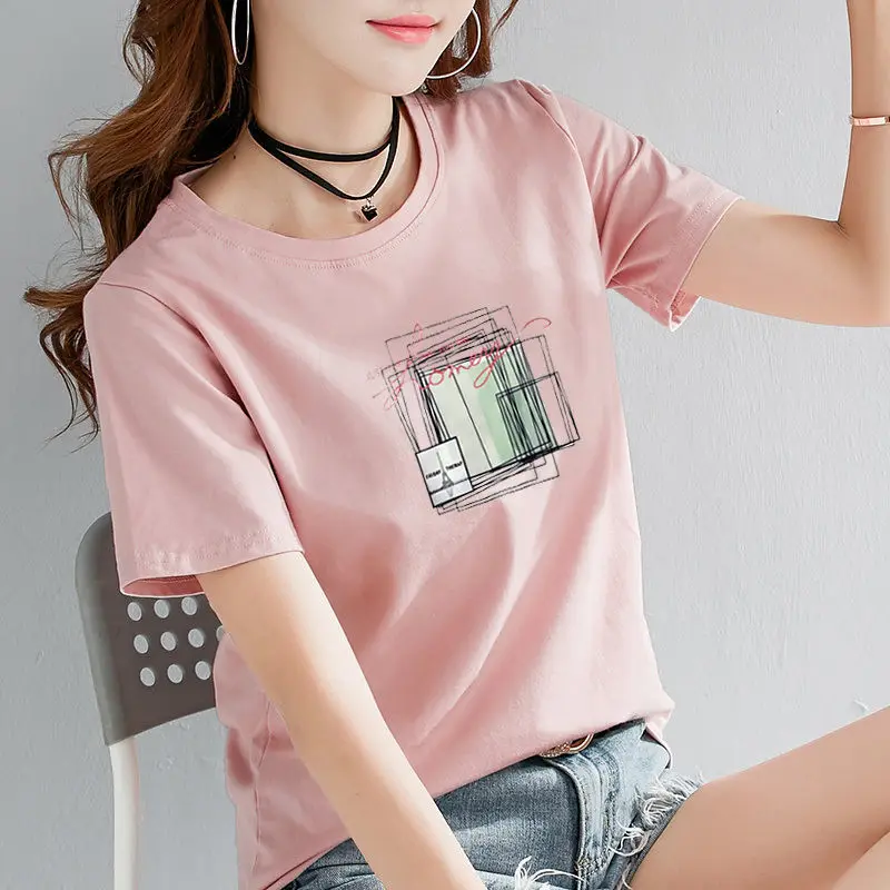 

Хлопковая женская одежда с коротким рукавом, Новинка лета 2021, Женская свободная футболка в Корейском стиле с круглым вырезом, топ, женская нижняя рубашка