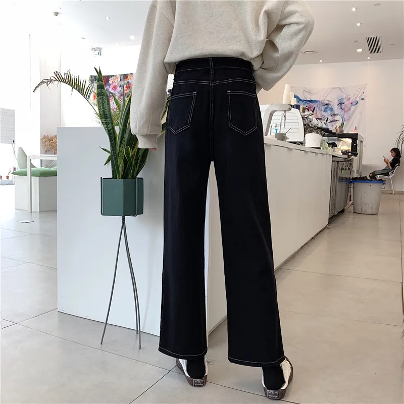 Джинсы с высокой талией, на пуговицах, прямые, с карманами, свободные, moda feminina, женская одежда, полная длина, шикарная, ins, повседневная, осенняя, популярная женская одежда