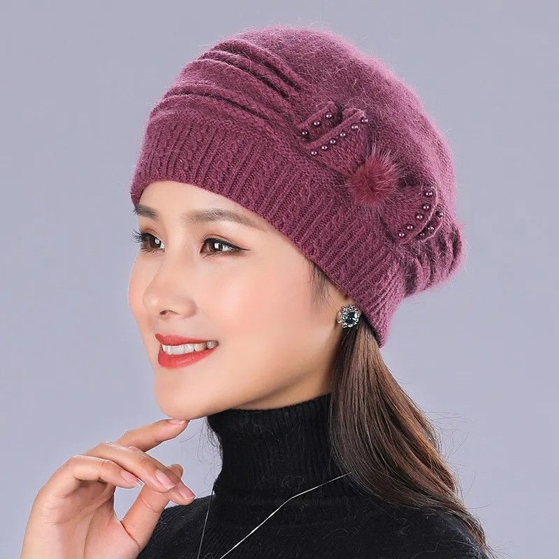 Mother's Nnew Year Gift Rabbit Knit Cap Scarf The Elderly Women's Autumn And Winter Warm Hat Scarf Female Winter Hat Twinset