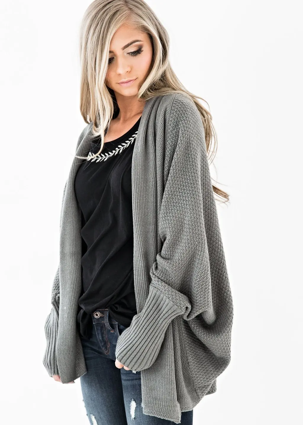Lugentolo женский свитер, кардиган, осень и зима, стиль, рукав летучая мышь, однотонный, Повседневный, 12 цветов - Цвет: Dark gray