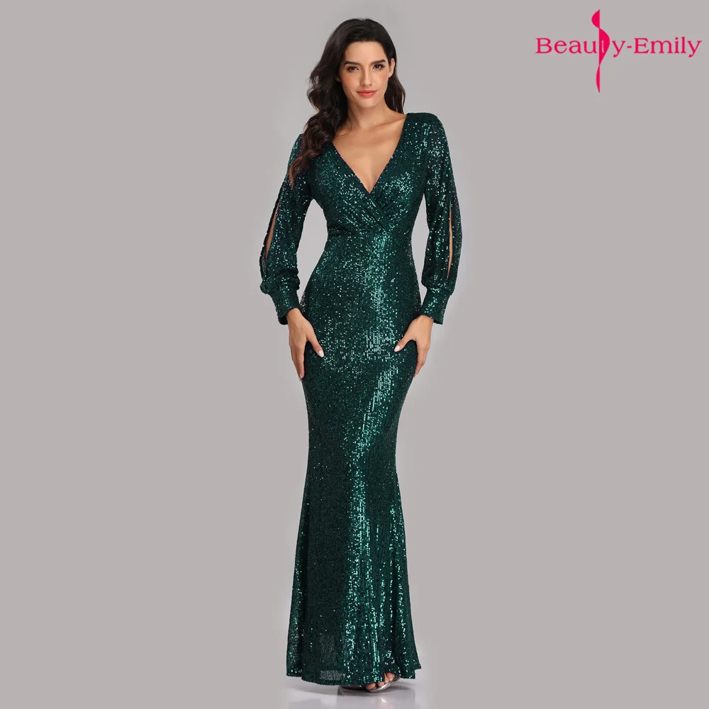 Beauty-Emily, вечернее платье с v-образным вырезом, с блестками, с длинным рукавом, бордовое, вечерние платья русалки, платья для выпускного вечера, Vestidos de festa robe de soiree - Цвет: Dark Green