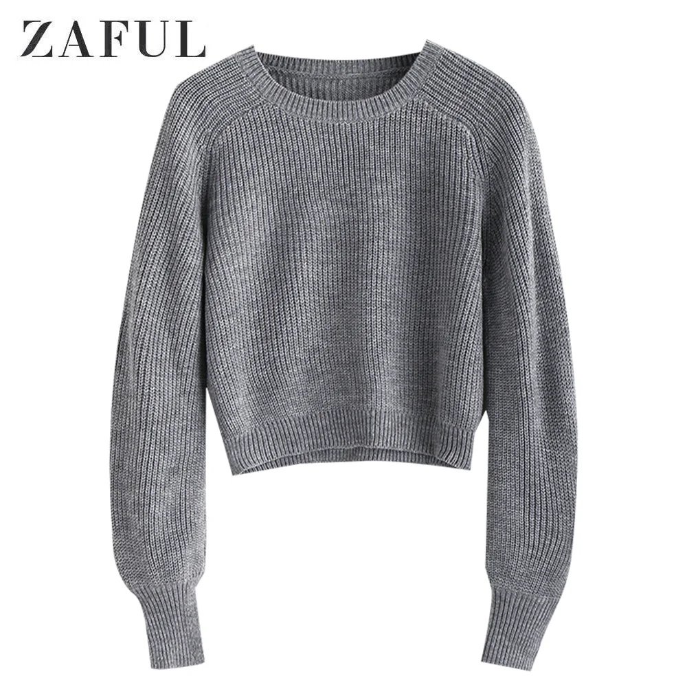 ZAFUL Crew Neck Raglan Sleeve Pullover Sweater Small round neck Elastic Solid Short style pullover long sleeve warm Women weater - Цвет: Gray