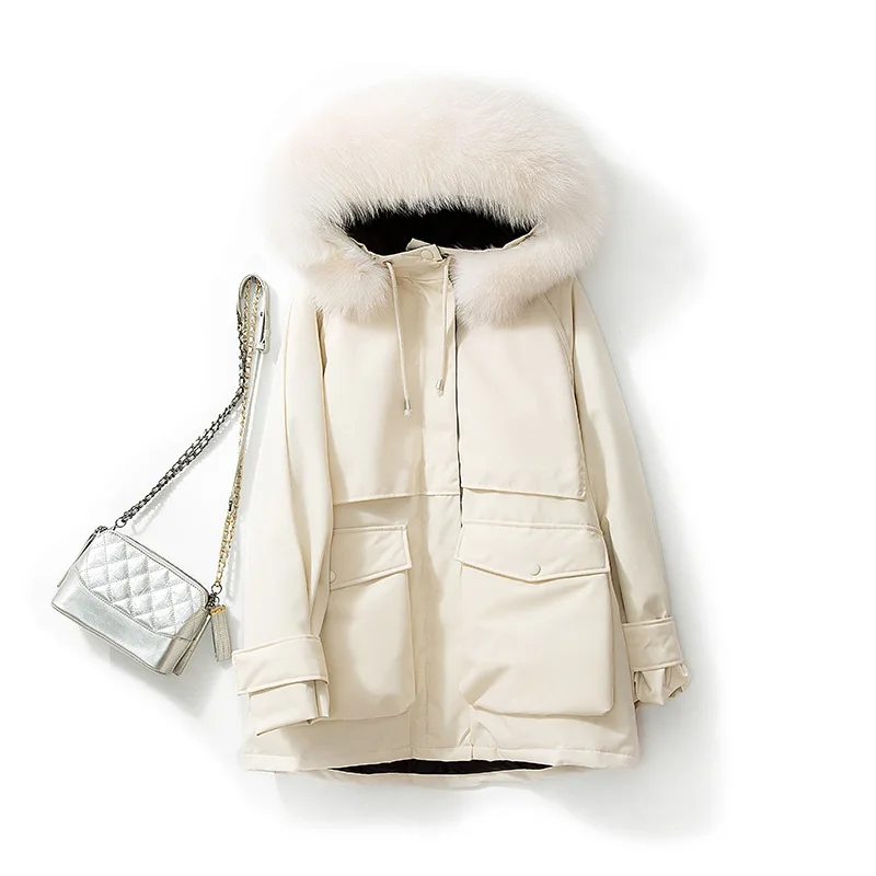 Beige TopFurMall) Европейский Для женщин мужские парки пуховое пальто куртки с толстовка с мехом енота леди плащ-накидка; Верхняя одежда; пальто LF9167 - Цвет: Beige