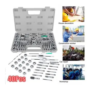 

40Pcs M3-M12 Steel Screw Nut Tap & Die Set With Wrenches & Thread Gauge Heavy Duty Hand Threading Tools