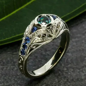 

Female Luxruy Vintage Craved Rings Bridal Promise Wedding Ring Green Blue Rhinestone Rings