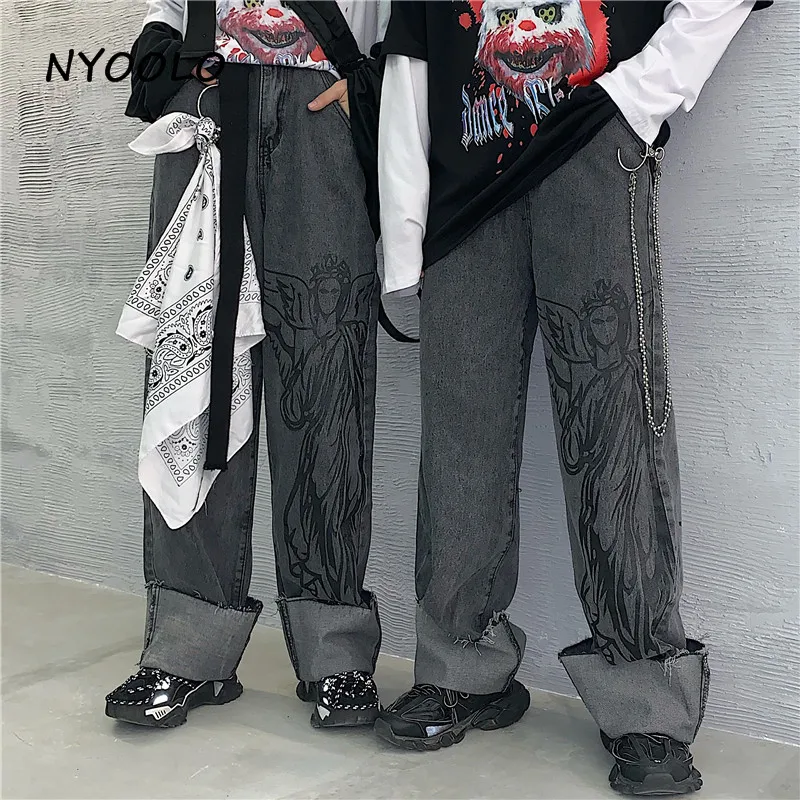NYOOLO Винтаж уличная Ангел печати высокая Талия Керлинг промывают джинсы осень свободная полная длина прямые женские джинсовые брюки для мужчин