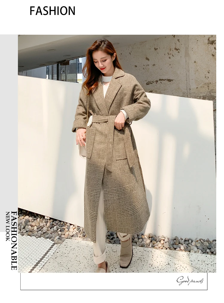 Photo Shoot Fat Mm2019 Autumn And Winter New Style Hepburn Wind Plaid Woolen Long over-the-Knee Retro Belt Woolen Overcoat a