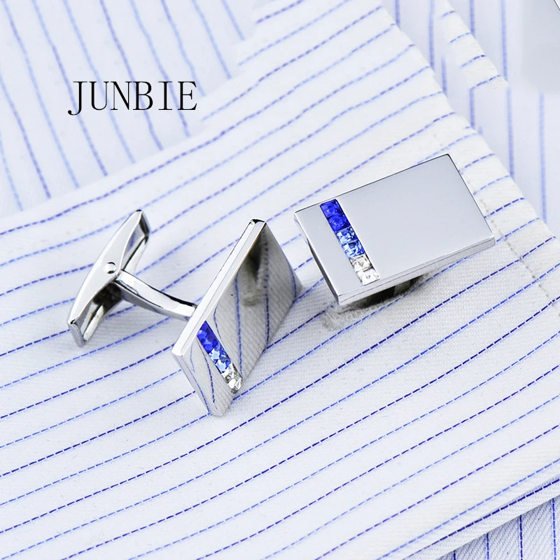

JUNBIE Luxury Jewelry french shirt cufflink for mens Brand Cuffs link Button male blue white crystal Wedding Free Shipping