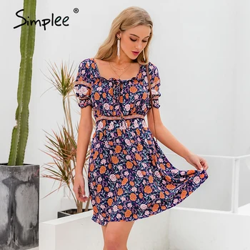 

Simplee Blackless floral print dress Summer high waist puff sleeve ruffled boho dress Streetwear ladies ruched a-line mini dress