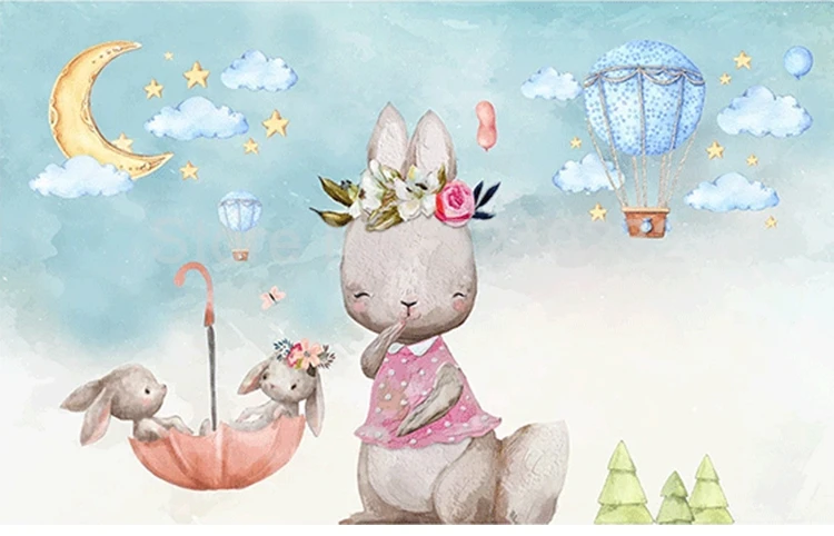 Custom Wall Mural 3D Hand Painted Cartoon Bunny Balloon Children Room Kids Room Bedroom Decoration Photo Wallpaper Home Decor
