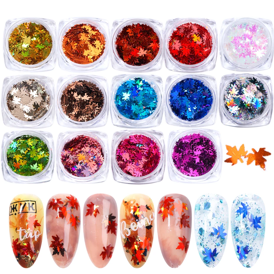 1 Box 3D Maple Leaves Nail Art Sequin Holographic Gold Red Thin Paillette Flake Autumn Manicure Nail Art Decoration Decor GL1528 Nail Glitter Nail Decoration Nail Decorations Nail Flakes