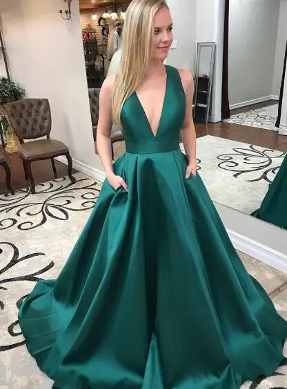Teal A-Line Evening dresses Long with Bow Pockets Vestidos de fiesta Satin Deep V Neck Evening Dress - Цвет: as pic