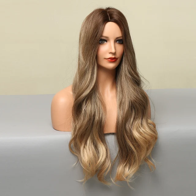 EASIHAIR Long Medium Brown Ombre Synthetic Wig for Women Wavy Wigs Middle Part Natural Soft Hair Wig Cosplay Heat Resistant 2