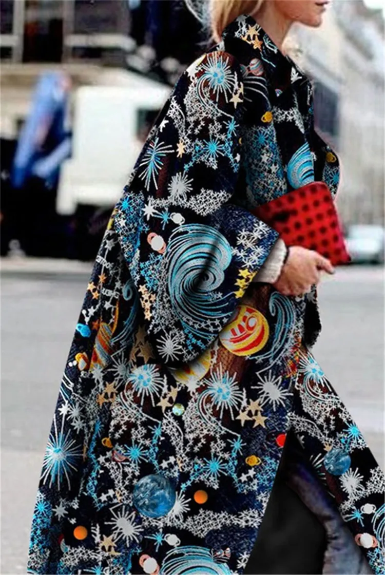 Female Long Jacket Coat Women Printed Flowers Fashion Color Matching Wool& Blends Loose Autumn Coat Women Plus Size