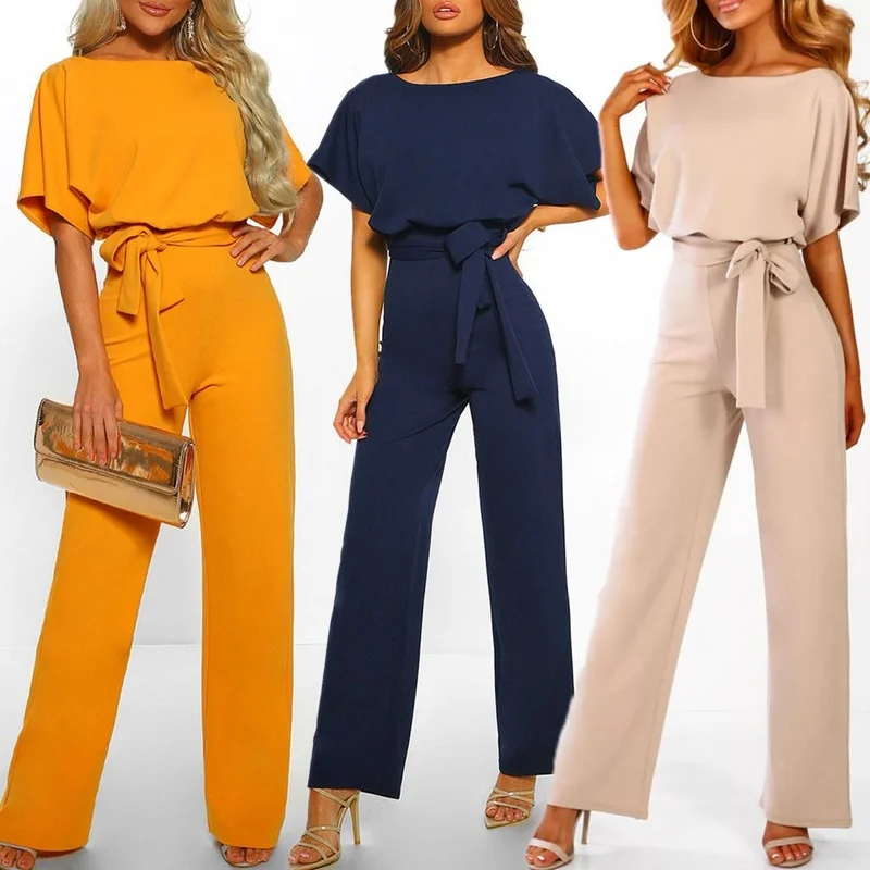 GOOHOJIO Rompers Women Jumpsuit Short Sleeve Playsuit Clubwear Straight Leg Women's With Belt Bodysuit |