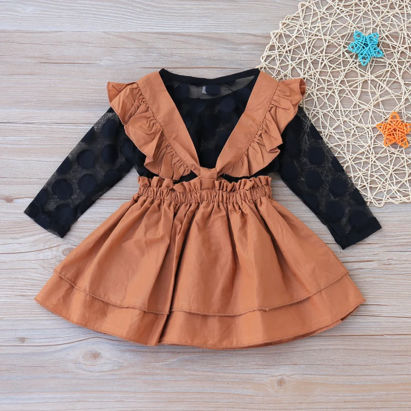 Humor Bear/ Новая Осенняя детская одежда для девочек, платье принцессы для девочек, детский сетчатый топ в горошек с длинными рукавами+ юбка, комплект из 2 предметов