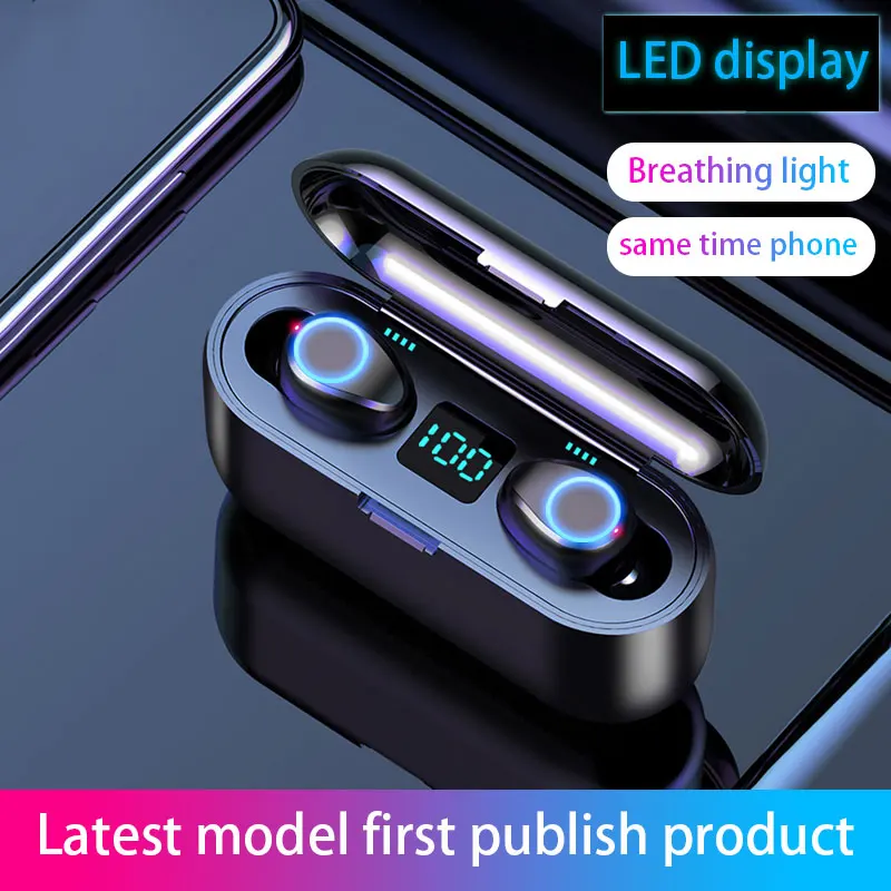 

2019 New Bluetooth Earphone Led Digital Display Fast Charging HIFI Waterproof SweatProof Breathing Light Smart Touch Earphone F9