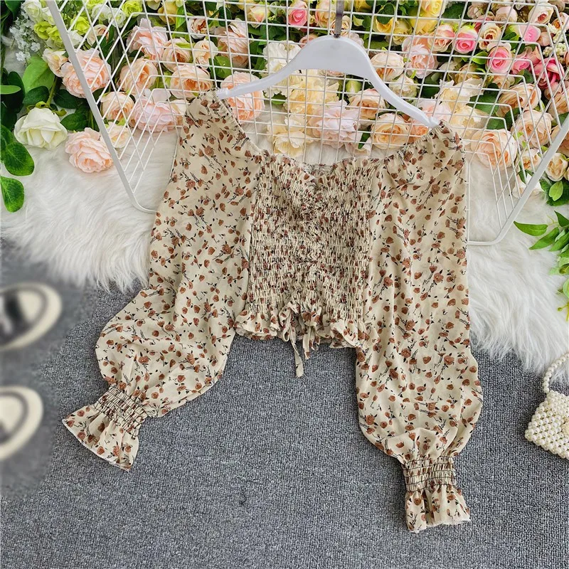 Fashion Women Square Collar Tops Clothes Sexy Sweet Pleated Small Floral Print Short Chiffon Shirt Blouses ladies shirts