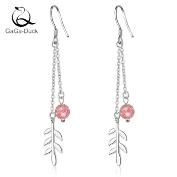 

New Fashion Jewelry Personality Pink Strawberry Crystal Leaf Long Ear Hook 925 Sterling Silver Not Allergic Dangle Earrings E874