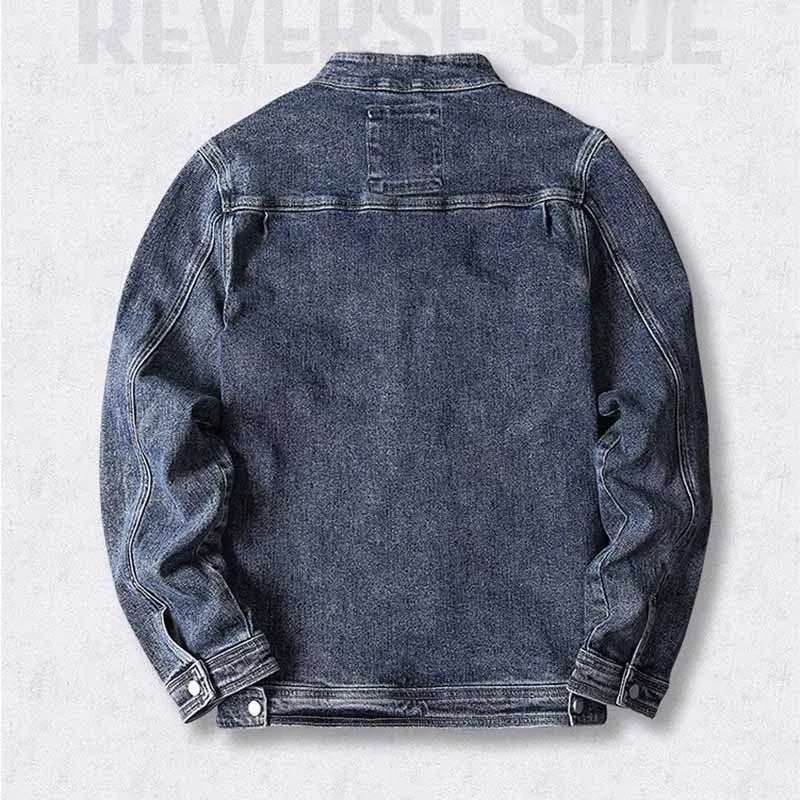 Mcikkny Solid Color Men's Cargo Loose Denim Jackets Multi Pocket Blue Jeans Jackets Male Stand Collar  (10)