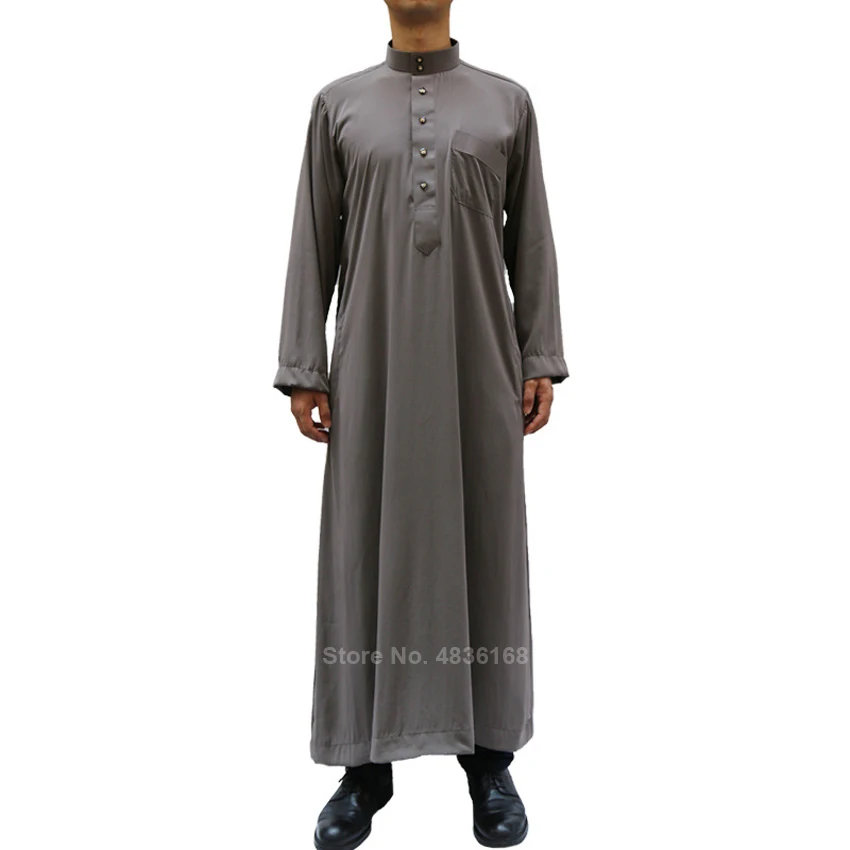 Muslim Robe Islamic Clothing Thobe Jubba Midde East Arab Kaftan Ramadan Prayer Button Solid Color Men Male Workship Service